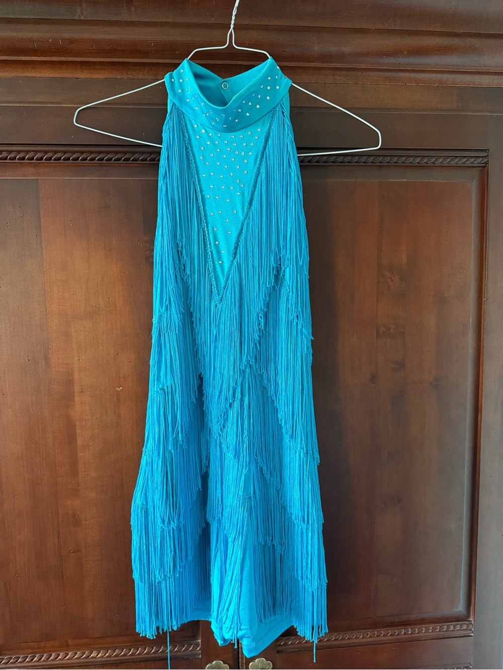 Aqua Blue Fringe High Neck Dance Costume